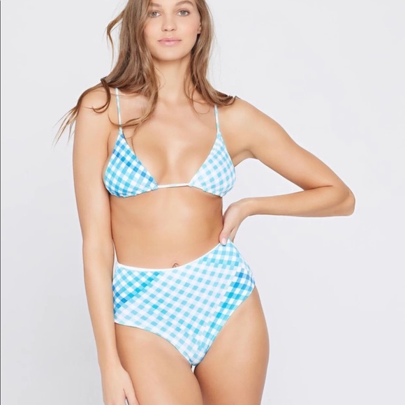 L*Space Turquoise Picnic Plaid String Bikini Top | Portia High Waisted Bottom - Picture 7 of 13